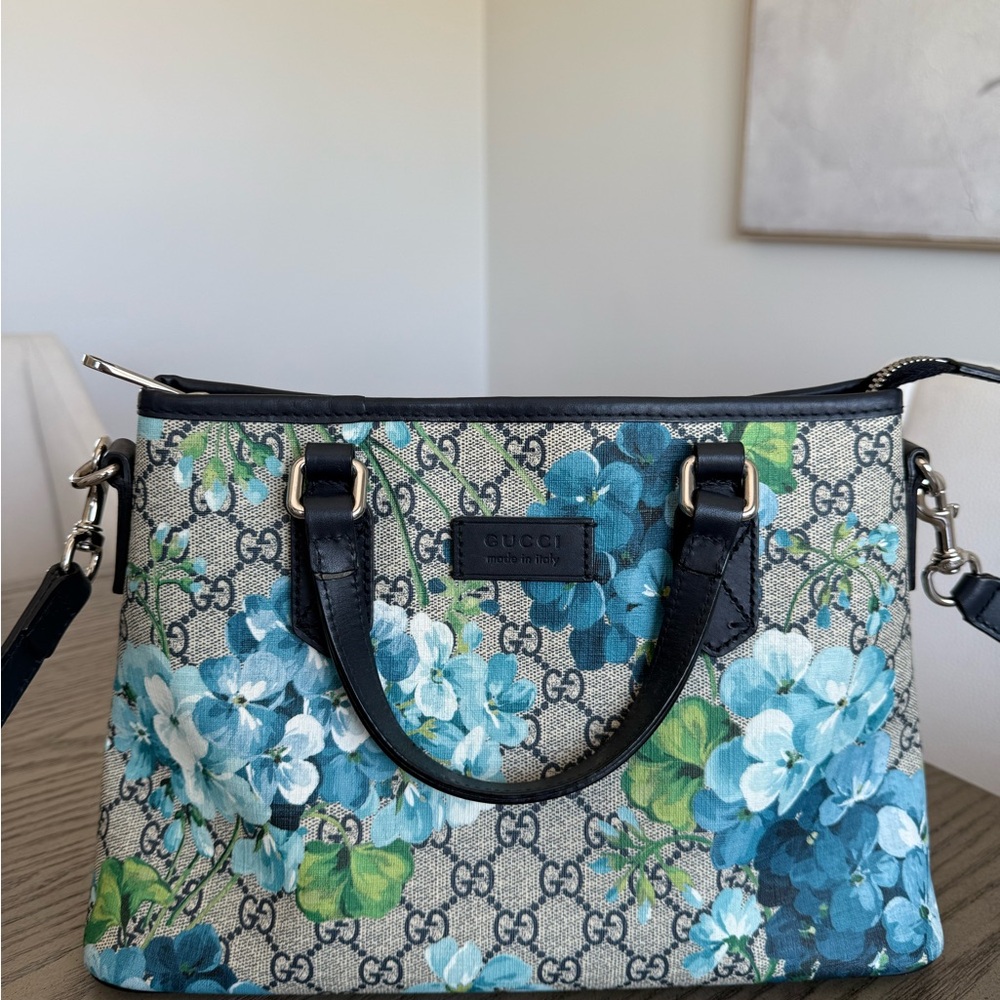 Gucci Blue and Black Satchel with Floral Design